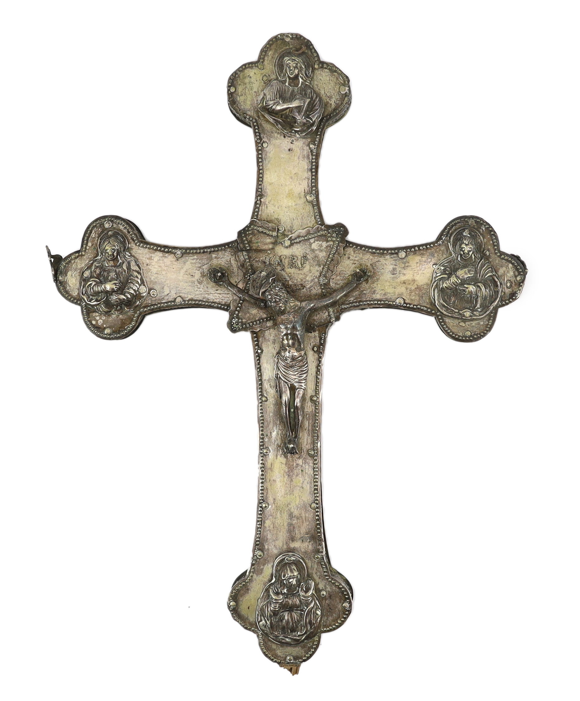 A late 19th / early 20th century continental silver mounted wooden processional crucifix